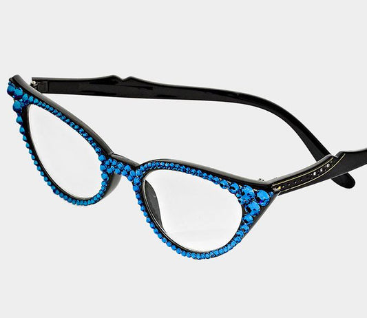 Cat Eye Fashion Crystal Readers - Royal Blue-Black Frames
