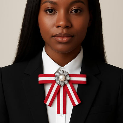 Red & White Ribbon Bow Brooch