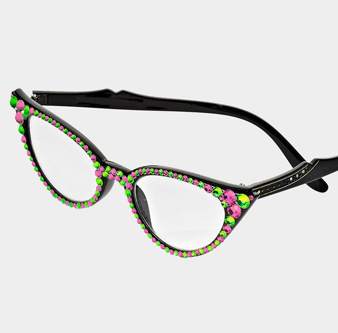 Cat Eye Fashion Crystal Readers - Pink/Green-Black