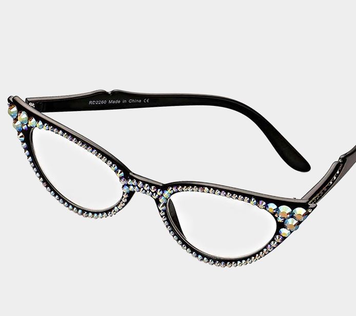Cat Eye Fashion Crystal Readers - AB Black Frames