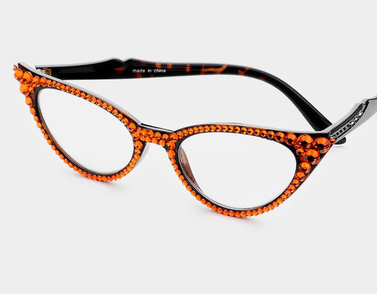 Cat Eye Fashion Crystal Readers - Orange/Black