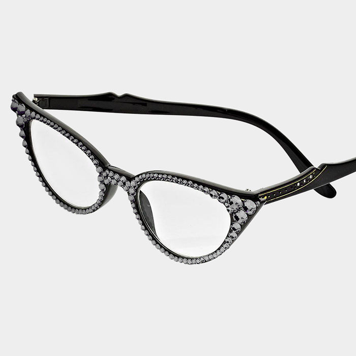 Cat Eye Fashion Crystal Readers - Grey/Black Frames