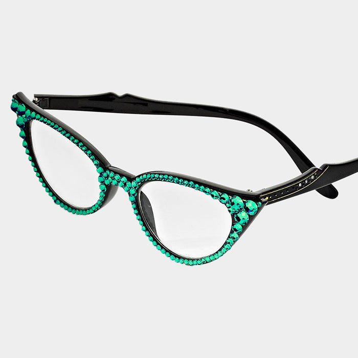 Cat Eye Fashion Crystal Readers - Emerald Green