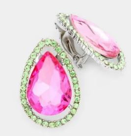 Tear Drop Pink & Green Clip Earrings