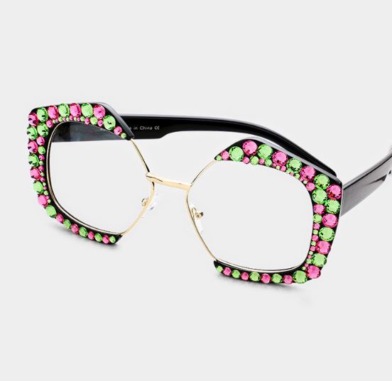 Rhinestone Clear Octagon Glasses - Pink & Green