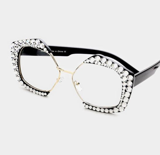 Rhinestone Clear Octagon Glasses - Clear/Black