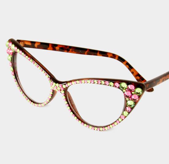 Fashion Crystal Eyewear Brown Frames-Pink/Green