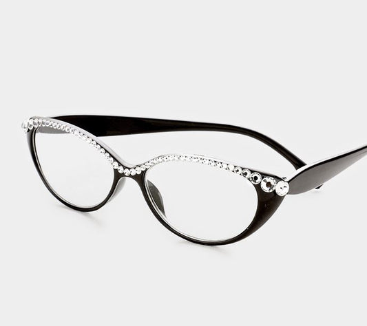 Semi Crystal Oval Cat Eye Reading Glasses-Black/Clear