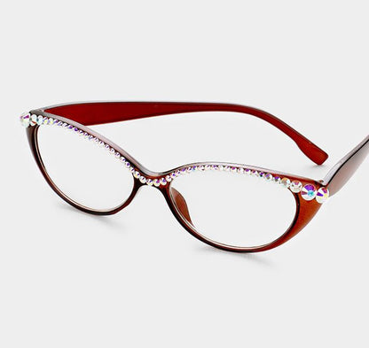 Semi Crystal Oval Cat Eye Reading Glasses-AB - Brown Frames