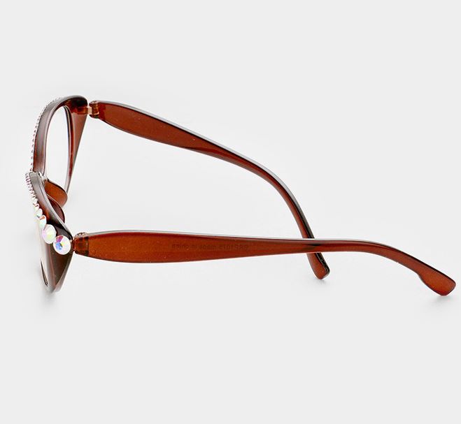 Semi Crystal Oval Cat Eye Reading Glasses-AB - Brown Frames