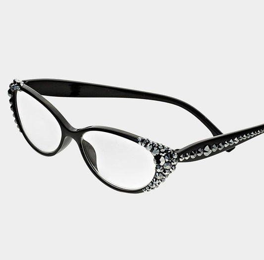 Crystal Oval Reading Glasses-Hematite/Black Frames