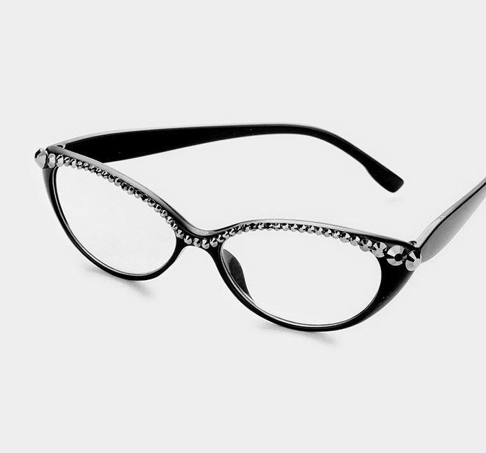 Semi Crystal Oval Cat Eye Reading Glasses-Hematite, Black