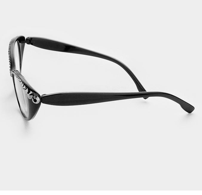 Semi Crystal Oval Cat Eye Reading Glasses-Hematite, Black