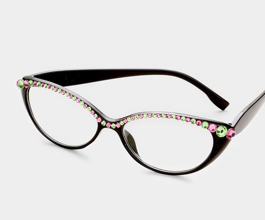 Semi Crystal Oval Cat Eye Reading Glasses-Pink/Green-Black Frames