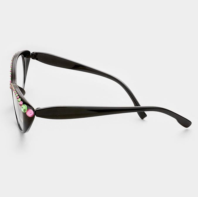 Semi Crystal Oval Cat Eye Reading Glasses-Pink/Green-Black Frames