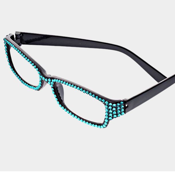 Rectangular Crystal Reading Glasses-Blue-Zircon/Black