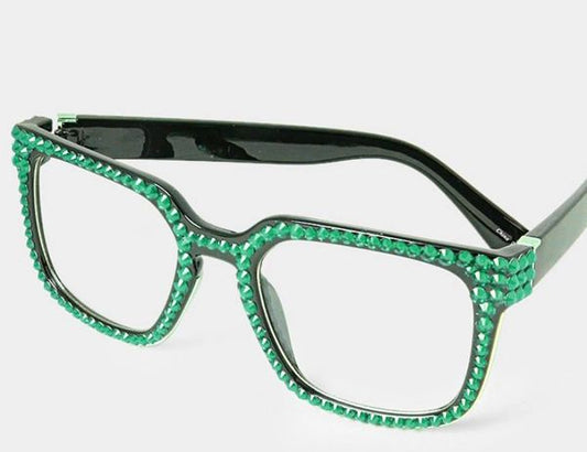 Fashion Square Crystal Green Eyeglasses
