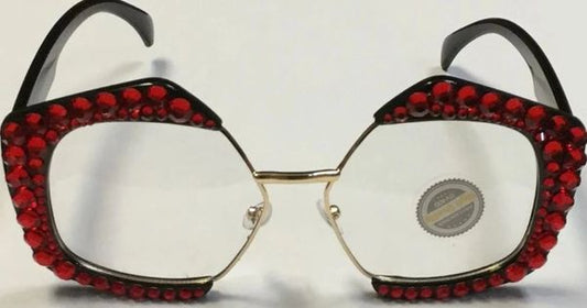 Rhinestone Clear Octagon Glasses-Red