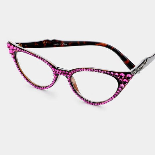 Cat Eye Fashion Crystal Readers Fuchsia/Brown Frames