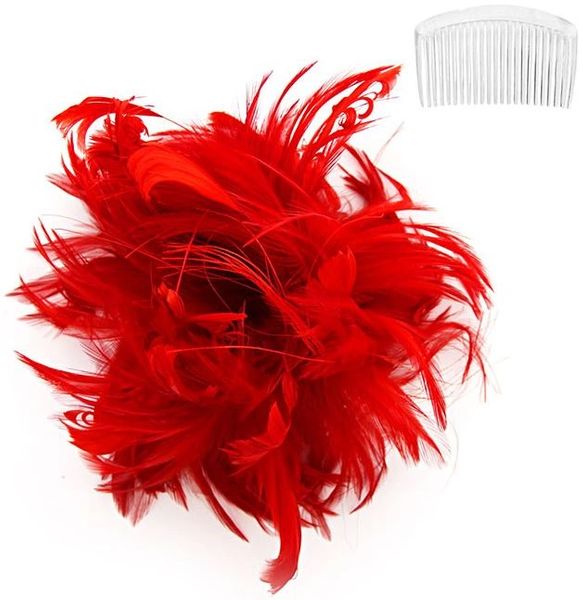 Feather Hair Comb Fascinator - Red